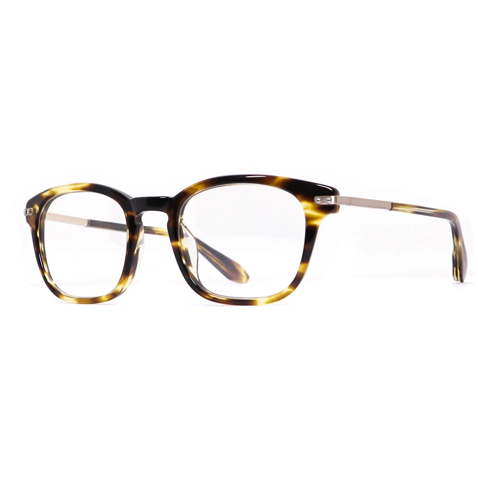 Three-quarter angle of tortoiseshell acetate frame with mixed metal-and-acetate temples Three-quarter angle of tortoiseshell acetate frame with mixed metal-and-acetate temples