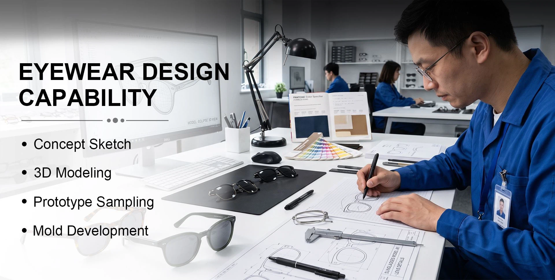 Custom sunglasses design capability banner, designer creating frame sketches in modern studio, 3D modeling and prototype sampling services for eyewear frames