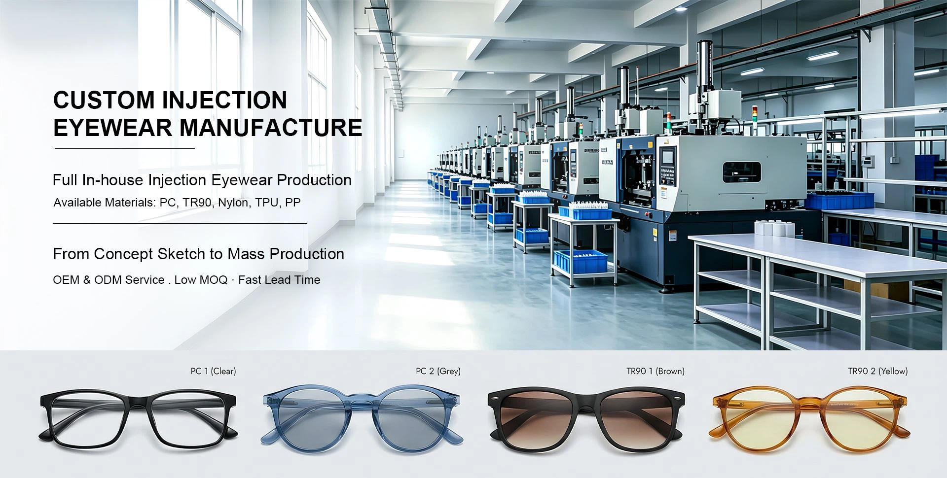 Modern injection eyewear factory workshop banner, in-house PC eyewear frame manufacturer, injection molding production line