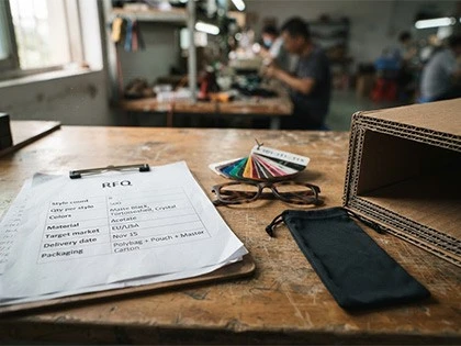 Sunglasses-RFQ-sheet-with-color-chips-and-export-carton-on-a-factory-desk Sunglasses-RFQ-sheet-with-color-chips-and-export-carton-on-a-factory-desk