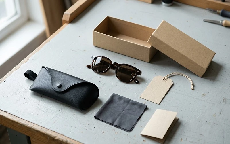 Custom sunglasses with rigid paper box, PU case and packaging accessories on a factory workbench Custom sunglasses with rigid paper box, PU case and packaging accessories on a factory workbench