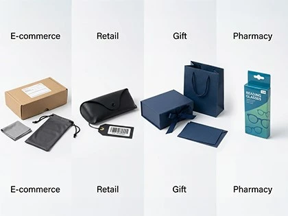 Four sunglasses packaging setups for e-commerce, retail, gift and pharmacy channels Four sunglasses packaging setups for e-commerce, retail, gift and pharmacy channels