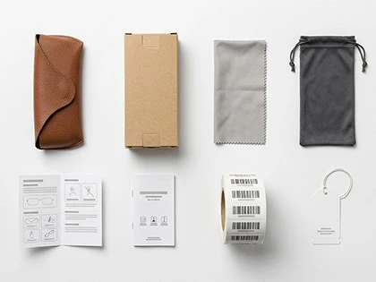 Itemized sunglasses packaging accessories: PU case, paper box, microfiber cloth, pouch, manual, barcode and hang tag Itemized sunglasses packaging accessories: PU case, paper box, microfiber cloth, pouch, manual, barcode and hang tag