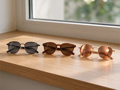 Three-pairs-of-sunglasses-smoke-grey-black-frame-brown-acetate-frame-copper-mirror-gold-round-frame-laid-flat-with-closed-temples-on-a-light-oak-windowsill-natural-daylight-Leeyewear-private-label-eyewear Three-pairs-of-sunglasses-smoke-grey-black-frame-brown-acetate-frame-copper-mirror-gold-round-frame-laid-flat-with-closed-temples-on-a-light-oak-windowsill-natural-daylight-Leeyewear-private-label-eyewear